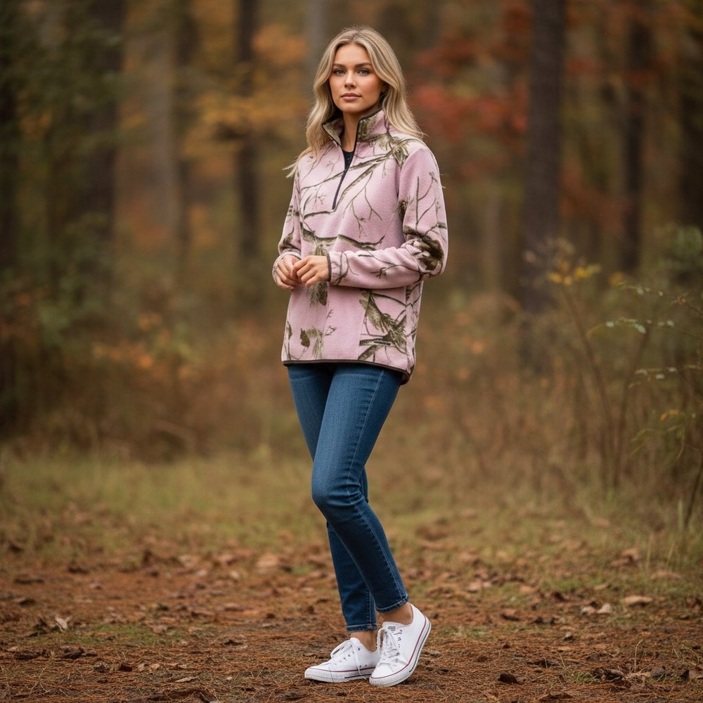 Outfitters Ridge Womens Pink Camo Fleece Quarter Zip Pullover Jacket Medium 8-10